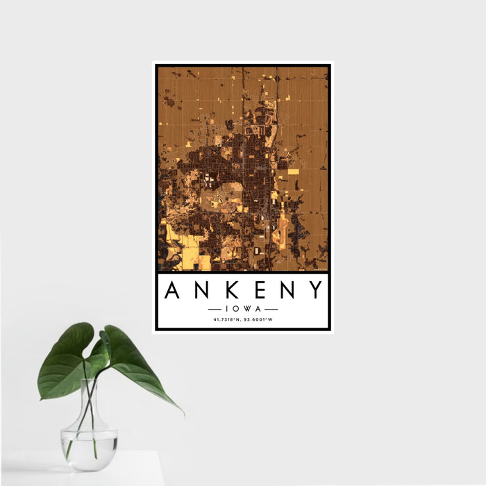 16x24 Ankeny Iowa Map Print Portrait Orientation in Ember Style With Tropical Plant Leaves in Water