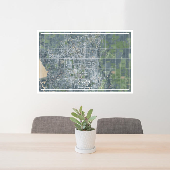 24x36 Ankeny Iowa Map Print Lanscape Orientation in Afternoon Style Behind 2 Chairs Table and Potted Plant