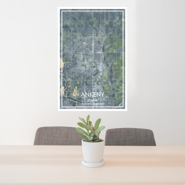 24x36 Ankeny Iowa Map Print Portrait Orientation in Afternoon Style Behind 2 Chairs Table and Potted Plant