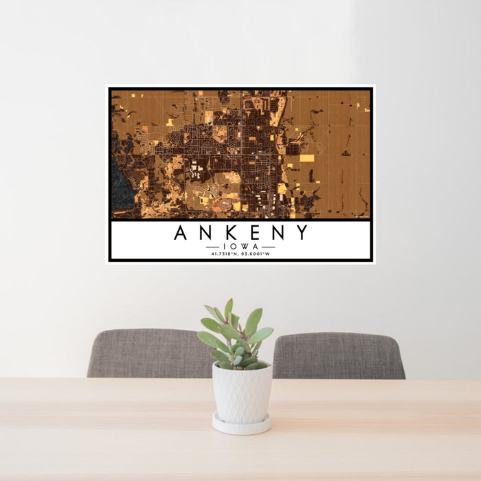 24x36 Ankeny Iowa Map Print Lanscape Orientation in Ember Style Behind 2 Chairs Table and Potted Plant