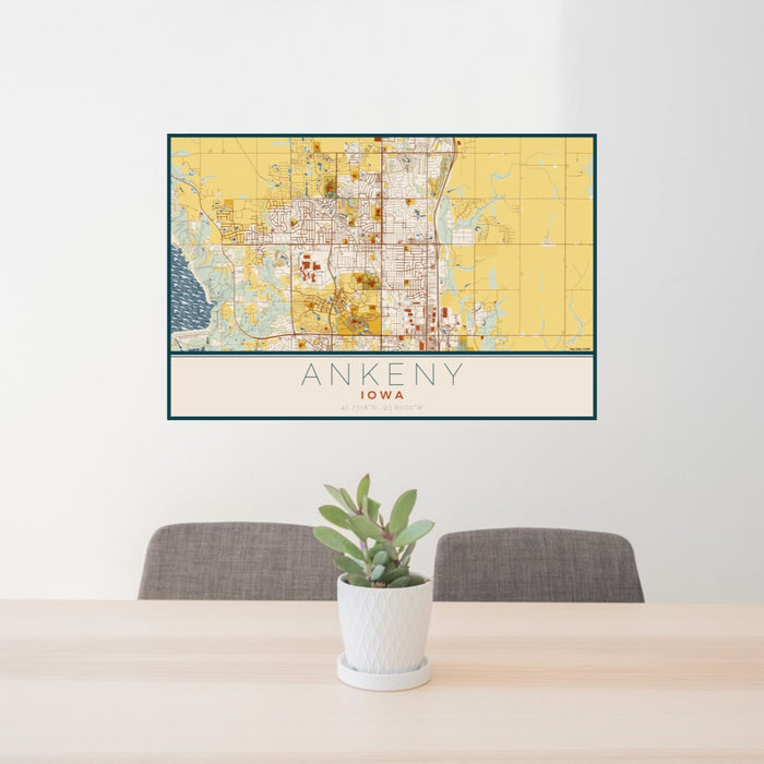 24x36 Ankeny Iowa Map Print Lanscape Orientation in Woodblock Style Behind 2 Chairs Table and Potted Plant