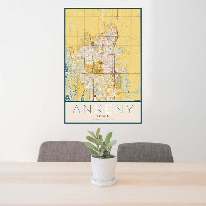 24x36 Ankeny Iowa Map Print Portrait Orientation in Woodblock Style Behind 2 Chairs Table and Potted Plant