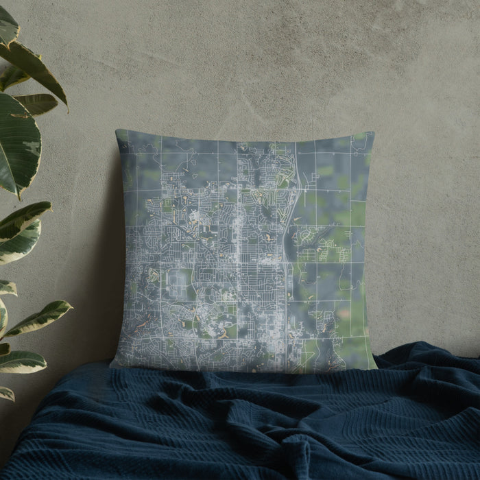 Custom Ankeny Iowa Map Throw Pillow in Afternoon on Bedding Against Wall