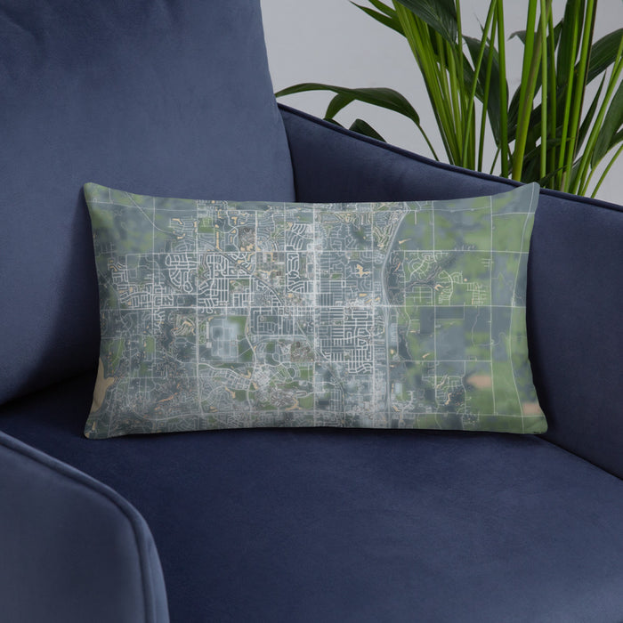 Custom Ankeny Iowa Map Throw Pillow in Afternoon on Blue Colored Chair