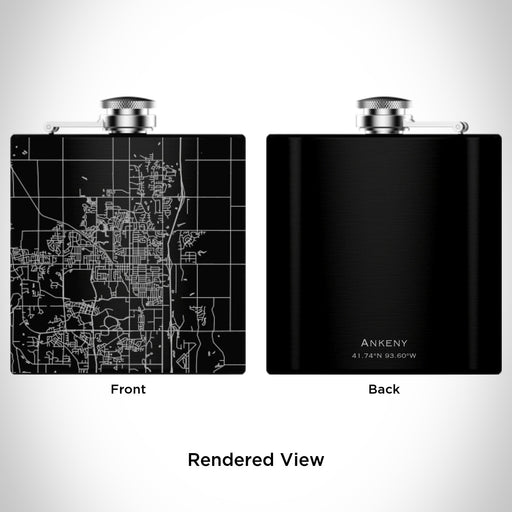 Rendered View of Ankeny Iowa Map Engraving on 6oz Stainless Steel Flask in Black