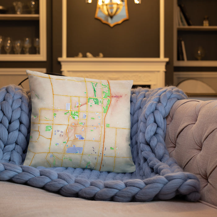 Custom Ankeny Iowa Map Throw Pillow in Watercolor on Cream Colored Couch