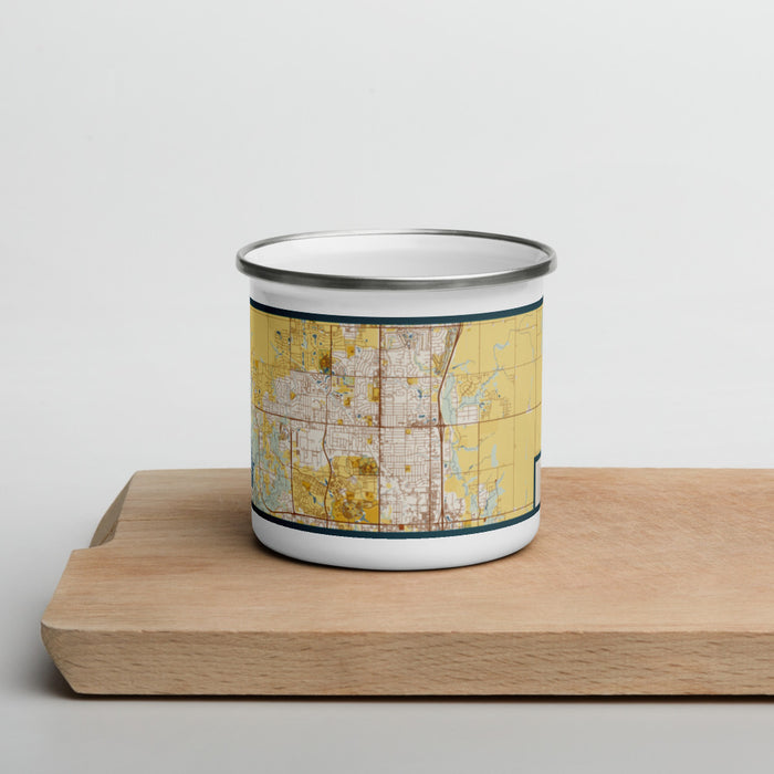 Front View Custom Ankeny Iowa Map Enamel Mug in Woodblock on Cutting Board