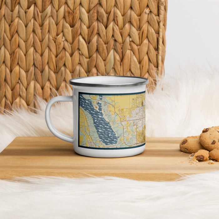 Left View Custom Ankeny Iowa Map Enamel Mug in Woodblock on Table Top