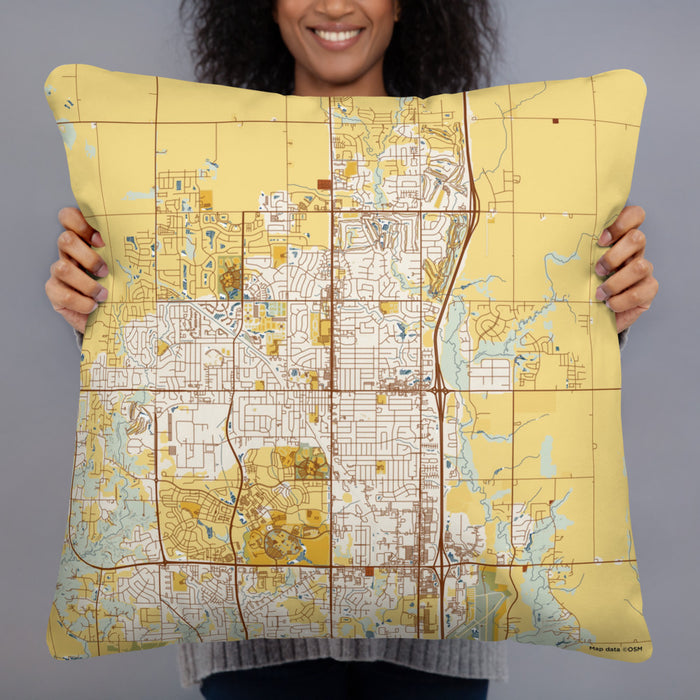 Person holding 22x22 Custom Ankeny Iowa Map Throw Pillow in Woodblock