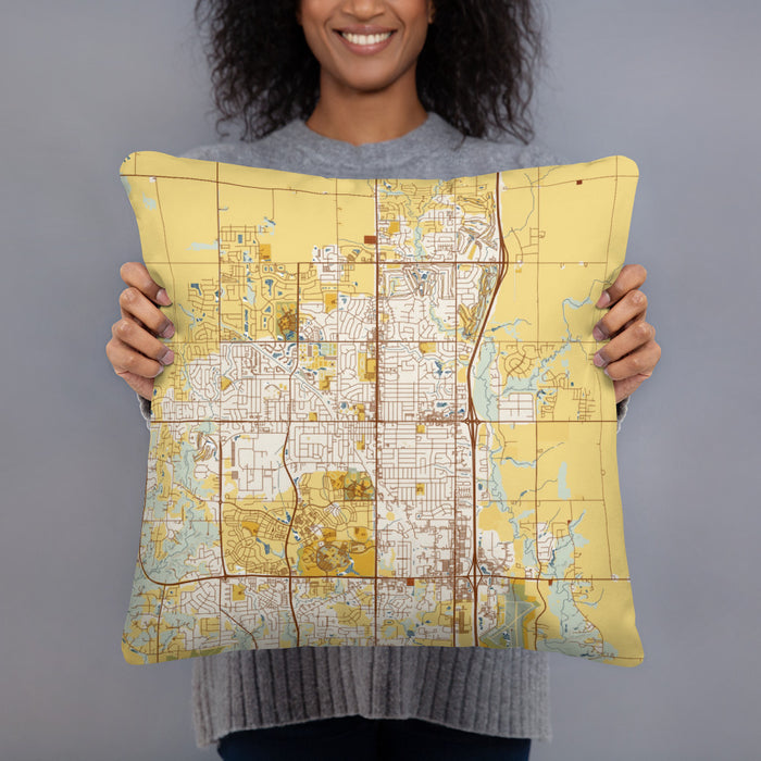 Person holding 18x18 Custom Ankeny Iowa Map Throw Pillow in Woodblock