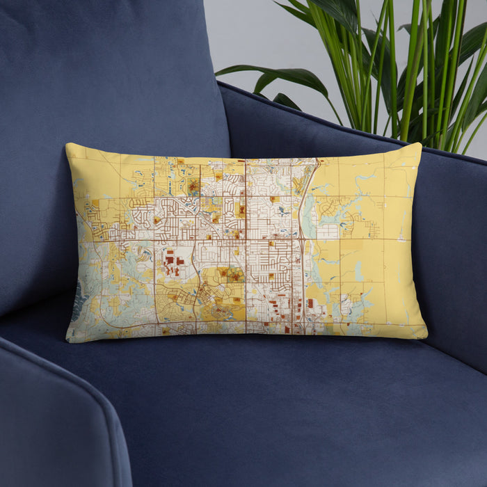 Custom Ankeny Iowa Map Throw Pillow in Woodblock on Blue Colored Chair