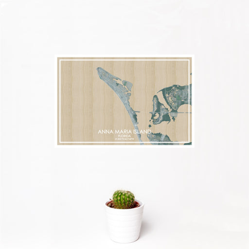 12x18 Anna Maria Island Florida Map Print Landscape Orientation in Afternoon Style With Small Cactus Plant in White Planter
