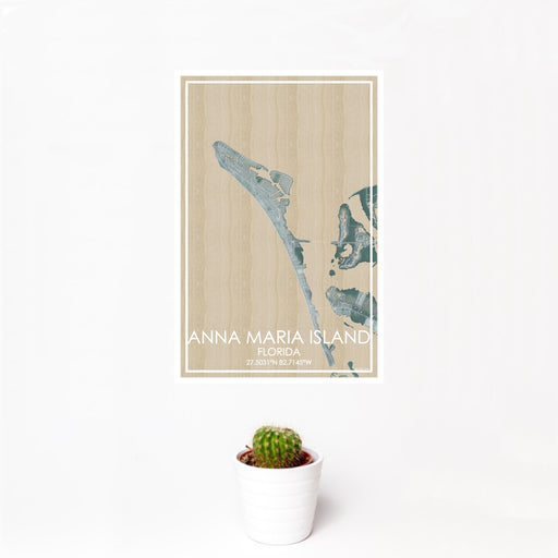 12x18 Anna Maria Island Florida Map Print Portrait Orientation in Afternoon Style With Small Cactus Plant in White Planter