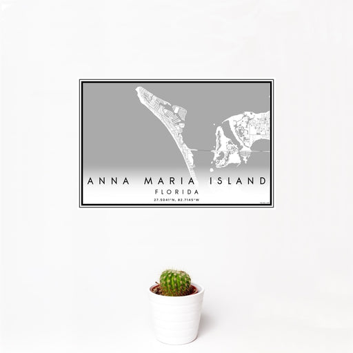 12x18 Anna Maria Island Florida Map Print Landscape Orientation in Classic Style With Small Cactus Plant in White Planter