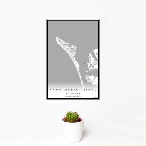 12x18 Anna Maria Island Florida Map Print Portrait Orientation in Classic Style With Small Cactus Plant in White Planter