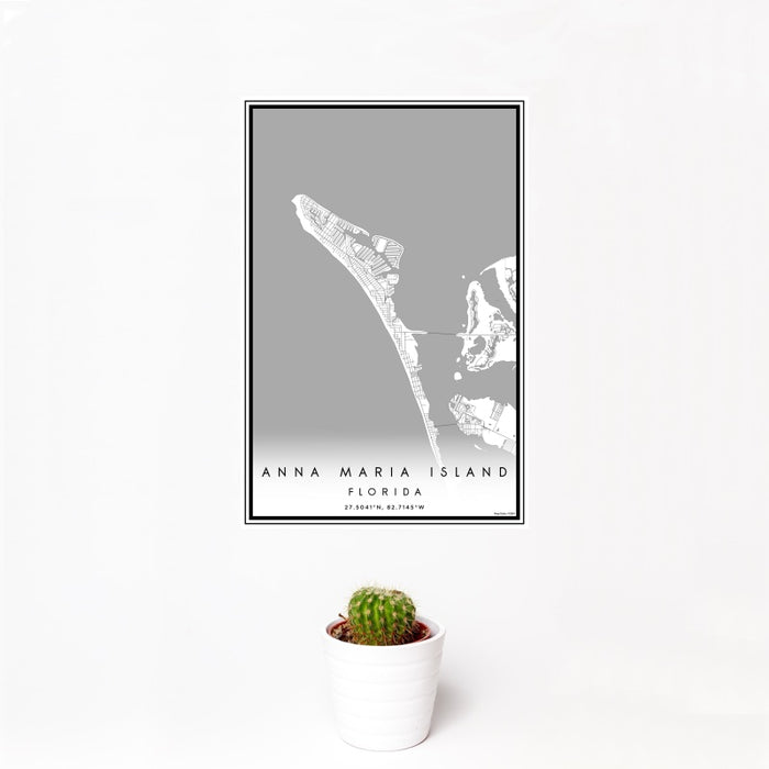 12x18 Anna Maria Island Florida Map Print Portrait Orientation in Classic Style With Small Cactus Plant in White Planter