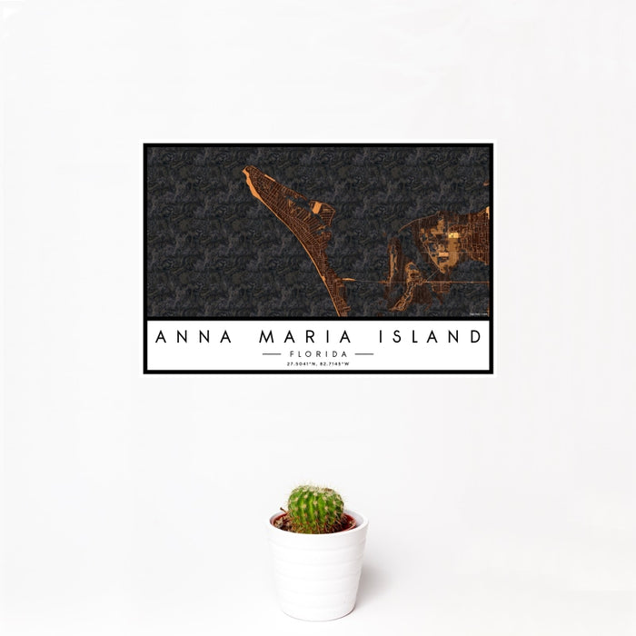 12x18 Anna Maria Island Florida Map Print Landscape Orientation in Ember Style With Small Cactus Plant in White Planter