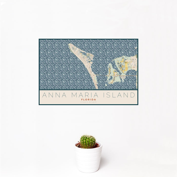 12x18 Anna Maria Island Florida Map Print Landscape Orientation in Woodblock Style With Small Cactus Plant in White Planter