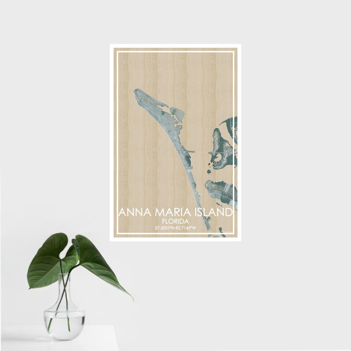 16x24 Anna Maria Island Florida Map Print Portrait Orientation in Afternoon Style With Tropical Plant Leaves in Water