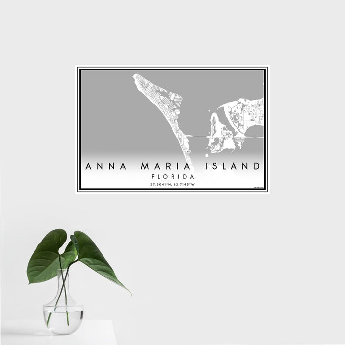 16x24 Anna Maria Island Florida Map Print Landscape Orientation in Classic Style With Tropical Plant Leaves in Water