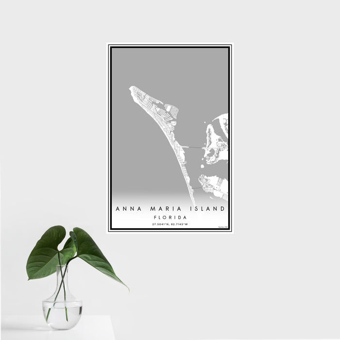 16x24 Anna Maria Island Florida Map Print Portrait Orientation in Classic Style With Tropical Plant Leaves in Water