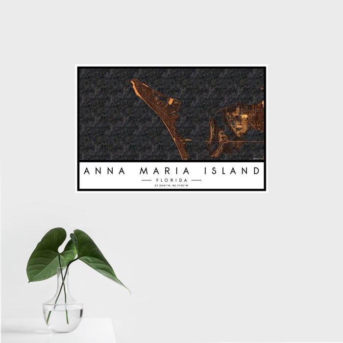 16x24 Anna Maria Island Florida Map Print Landscape Orientation in Ember Style With Tropical Plant Leaves in Water