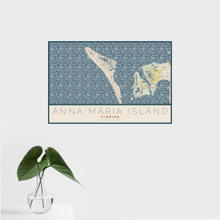 16x24 Anna Maria Island Florida Map Print Landscape Orientation in Woodblock Style With Tropical Plant Leaves in Water