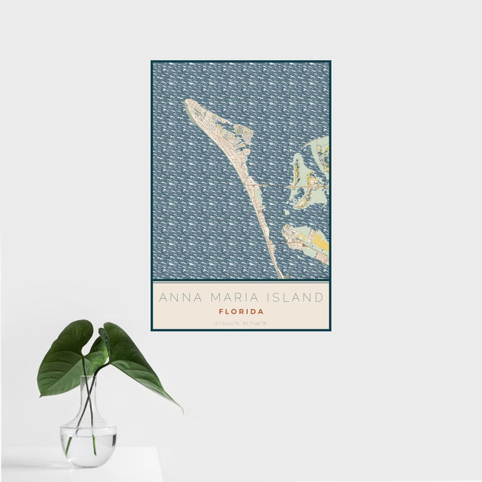 16x24 Anna Maria Island Florida Map Print Portrait Orientation in Woodblock Style With Tropical Plant Leaves in Water