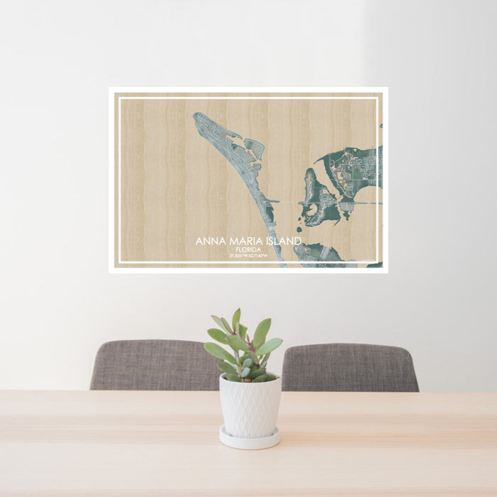 24x36 Anna Maria Island Florida Map Print Lanscape Orientation in Afternoon Style Behind 2 Chairs Table and Potted Plant