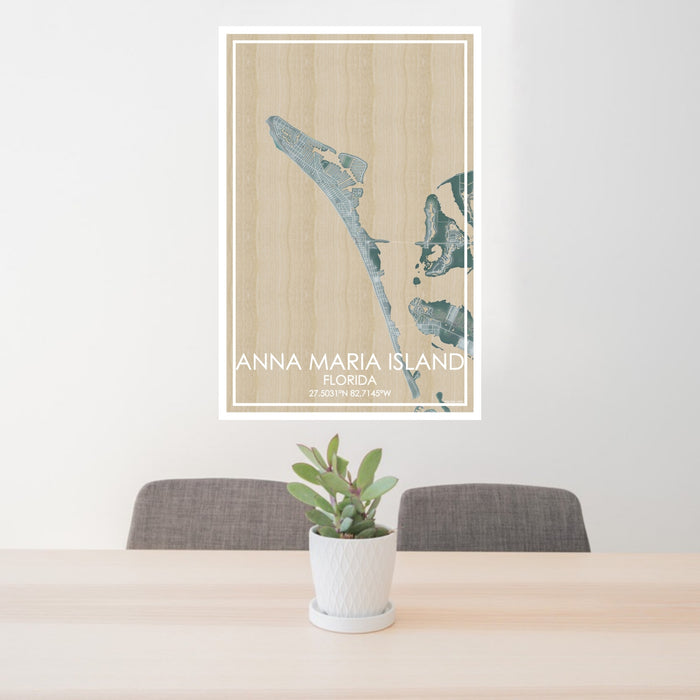 24x36 Anna Maria Island Florida Map Print Portrait Orientation in Afternoon Style Behind 2 Chairs Table and Potted Plant