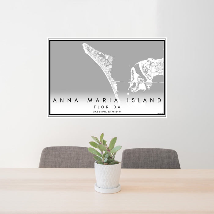 24x36 Anna Maria Island Florida Map Print Lanscape Orientation in Classic Style Behind 2 Chairs Table and Potted Plant