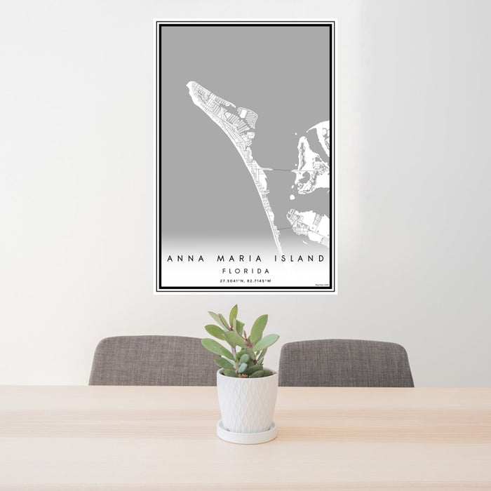 24x36 Anna Maria Island Florida Map Print Portrait Orientation in Classic Style Behind 2 Chairs Table and Potted Plant