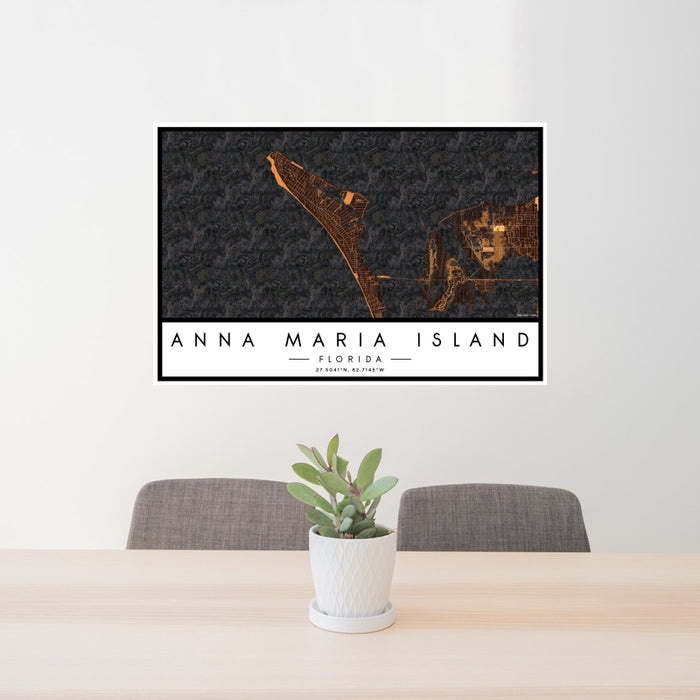 24x36 Anna Maria Island Florida Map Print Lanscape Orientation in Ember Style Behind 2 Chairs Table and Potted Plant