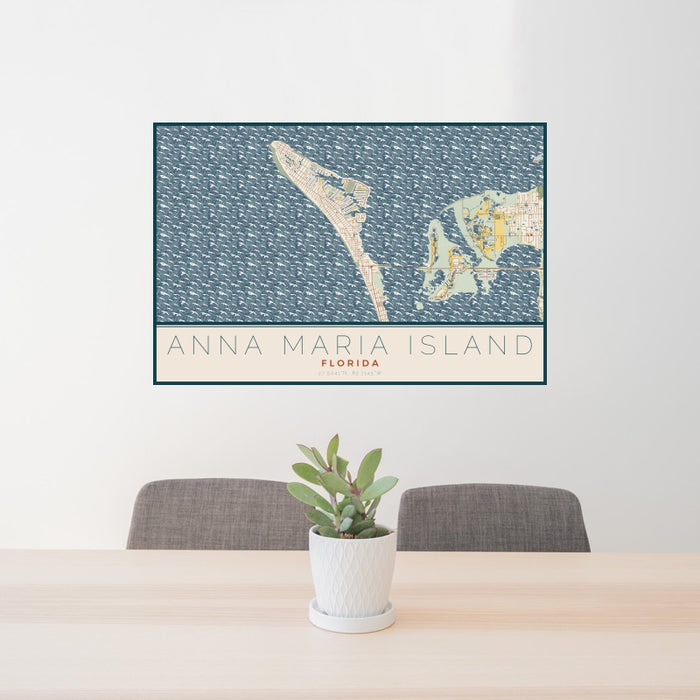 24x36 Anna Maria Island Florida Map Print Lanscape Orientation in Woodblock Style Behind 2 Chairs Table and Potted Plant