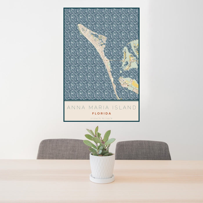 24x36 Anna Maria Island Florida Map Print Portrait Orientation in Woodblock Style Behind 2 Chairs Table and Potted Plant
