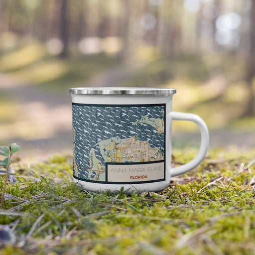 Right View Custom Anna Maria Island Florida Map Enamel Mug in Woodblock on Grass With Trees in Background