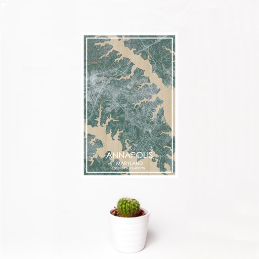 12x18 Annapolis Maryland Map Print Portrait Orientation in Afternoon Style With Small Cactus Plant in White Planter