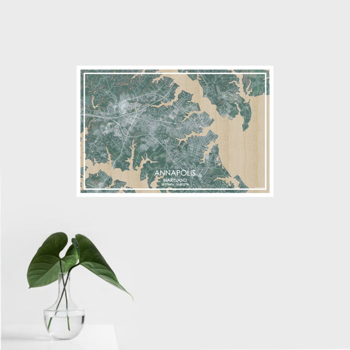16x24 Annapolis Maryland Map Print Landscape Orientation in Afternoon Style With Tropical Plant Leaves in Water