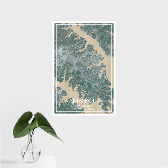 16x24 Annapolis Maryland Map Print Portrait Orientation in Afternoon Style With Tropical Plant Leaves in Water