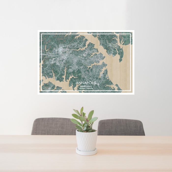 24x36 Annapolis Maryland Map Print Lanscape Orientation in Afternoon Style Behind 2 Chairs Table and Potted Plant