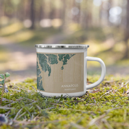 Right View Custom Annapolis Maryland Map Enamel Mug in Afternoon on Grass With Trees in Background