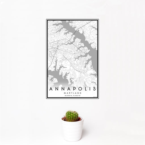 12x18 Annapolis Maryland Map Print Portrait Orientation in Classic Style With Small Cactus Plant in White Planter