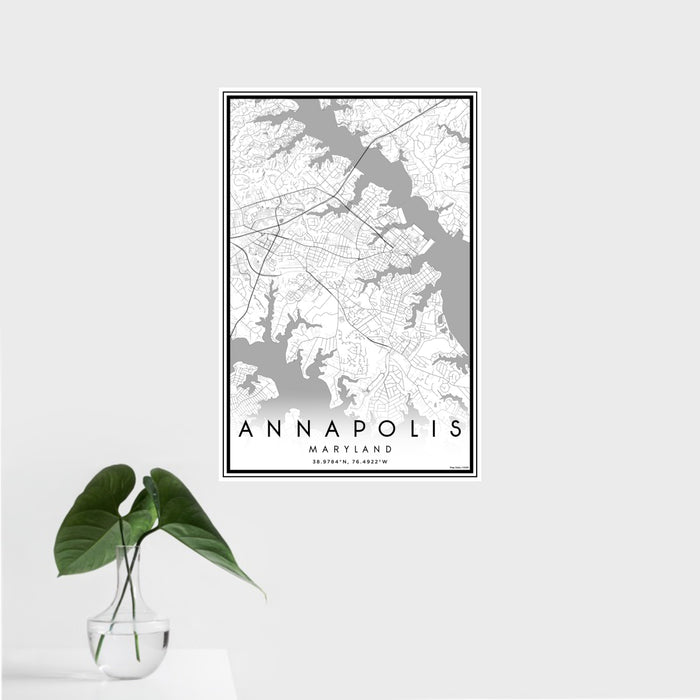 16x24 Annapolis Maryland Map Print Portrait Orientation in Classic Style With Tropical Plant Leaves in Water