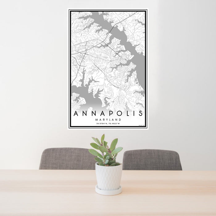 24x36 Annapolis Maryland Map Print Portrait Orientation in Classic Style Behind 2 Chairs Table and Potted Plant