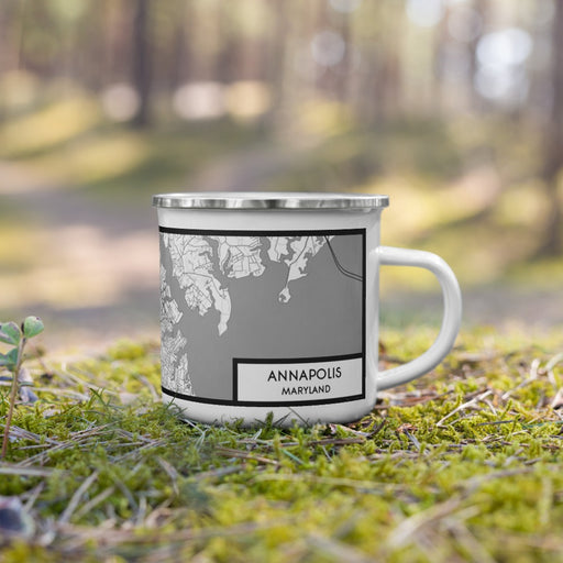 Right View Custom Annapolis Maryland Map Enamel Mug in Classic on Grass With Trees in Background