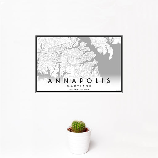 12x18 Annapolis Maryland Map Print Landscape Orientation in Classic Style With Small Cactus Plant in White Planter