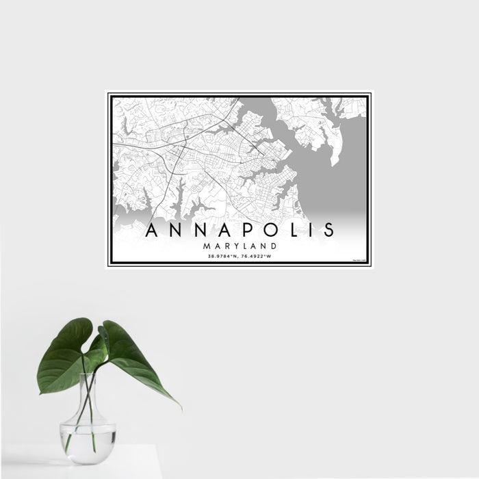 16x24 Annapolis Maryland Map Print Landscape Orientation in Classic Style With Tropical Plant Leaves in Water