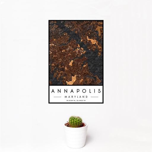 12x18 Annapolis Maryland Map Print Portrait Orientation in Ember Style With Small Cactus Plant in White Planter