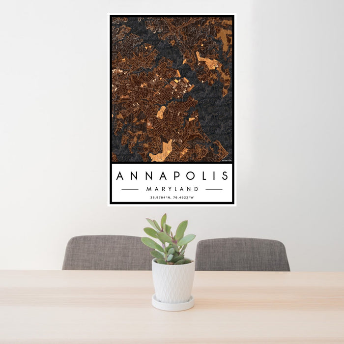 24x36 Annapolis Maryland Map Print Portrait Orientation in Ember Style Behind 2 Chairs Table and Potted Plant
