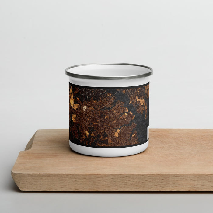 Front View Custom Annapolis Maryland Map Enamel Mug in Ember on Cutting Board